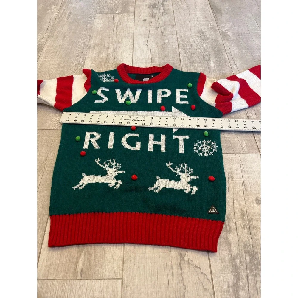 American Stitch Mens Swipe Right Ugly Christmas Sweater Reindeer Pom Poms XL